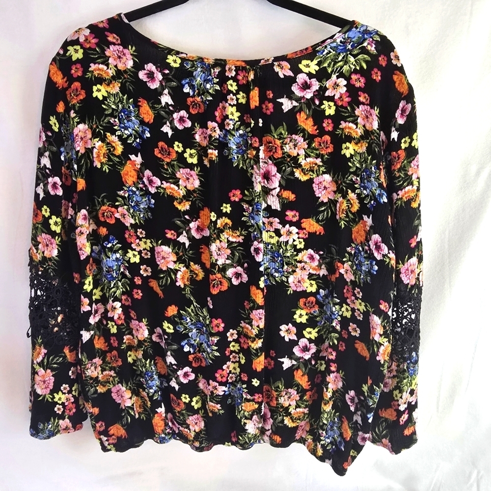 Floral Sz XL Black Lace Sleeve Tie Cottagecore Grommet Women Shirt Elastic Waist - Picture 3 of 13